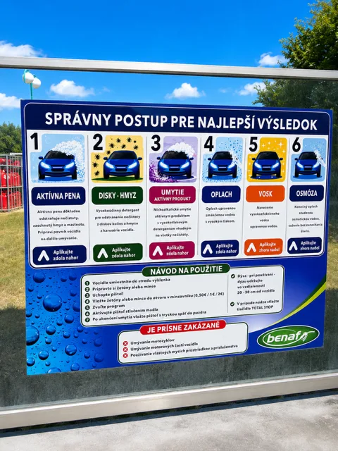 Tabuľa so správnym postupom umývania v autoumyvárni BENAF